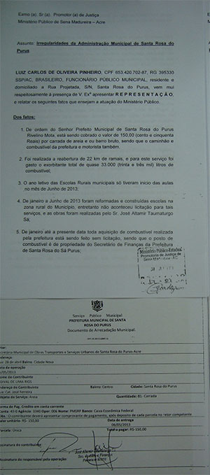 Denuncia foi protocolada no Ministério Público, na Promotoria de Justiça de Sena Madureira